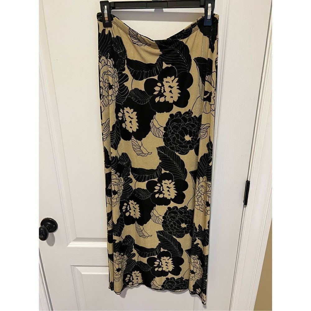 Vintage Olivia Page stretchy maxi skirt black with gold Floral pattern size XL